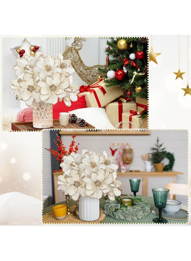 XunYee XunYee 10 Pcs Christmas Glitter Flowers Magnolia Flowers Christmas Tree Decorations White Poinsettia Flower Ornaments with Clips Artificial Floral for Christmas Tree Holiday DIY Wreath Party Decor  - Image 5
