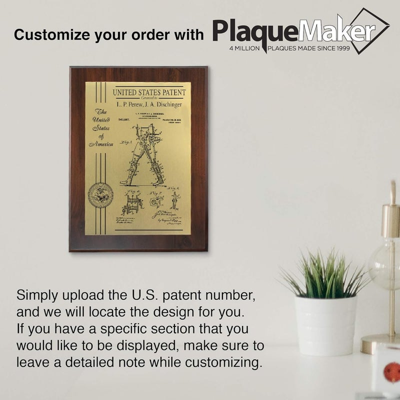 PlaqueMaker Personalized Patent Plaque, Appreciation Gift for Inventors, Patent Holders, Work Team, or Boss (9" x 12", Gold Metal, Coated Cherry Board) - Image 4