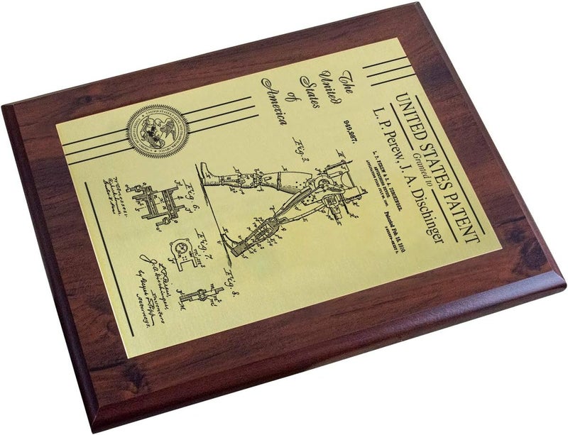 PlaqueMaker Personalized Patent Plaque, Appreciation Gift for Inventors, Patent Holders, Work Team, or Boss (9" x 12", Gold Metal, Coated Cherry Board) - Image 1