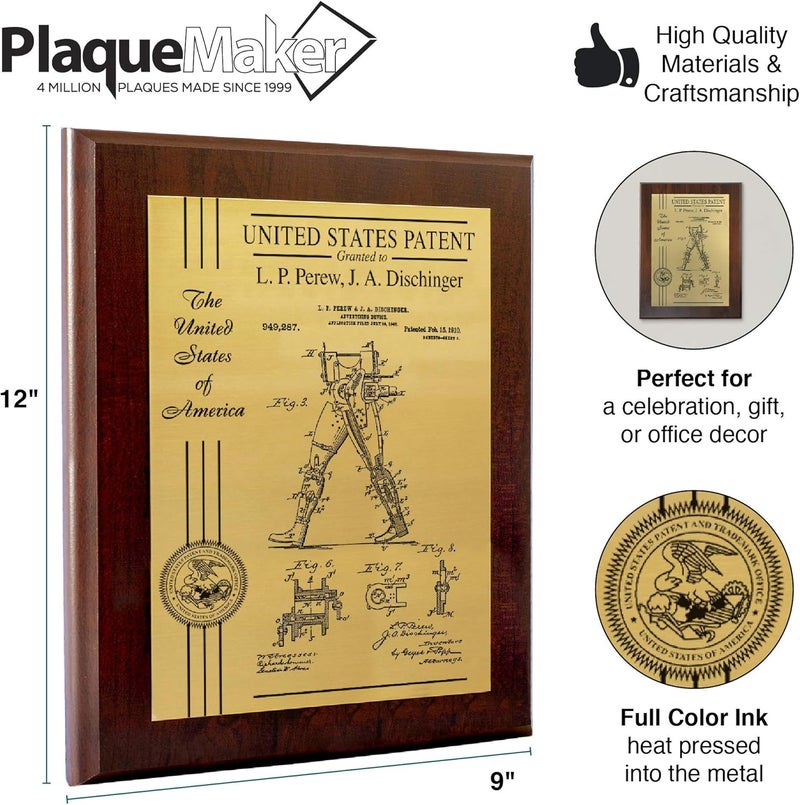 PlaqueMaker Personalized Patent Plaque, Appreciation Gift for Inventors, Patent Holders, Work Team, or Boss (9" x 12", Gold Metal, Coated Cherry Board) - Image 5