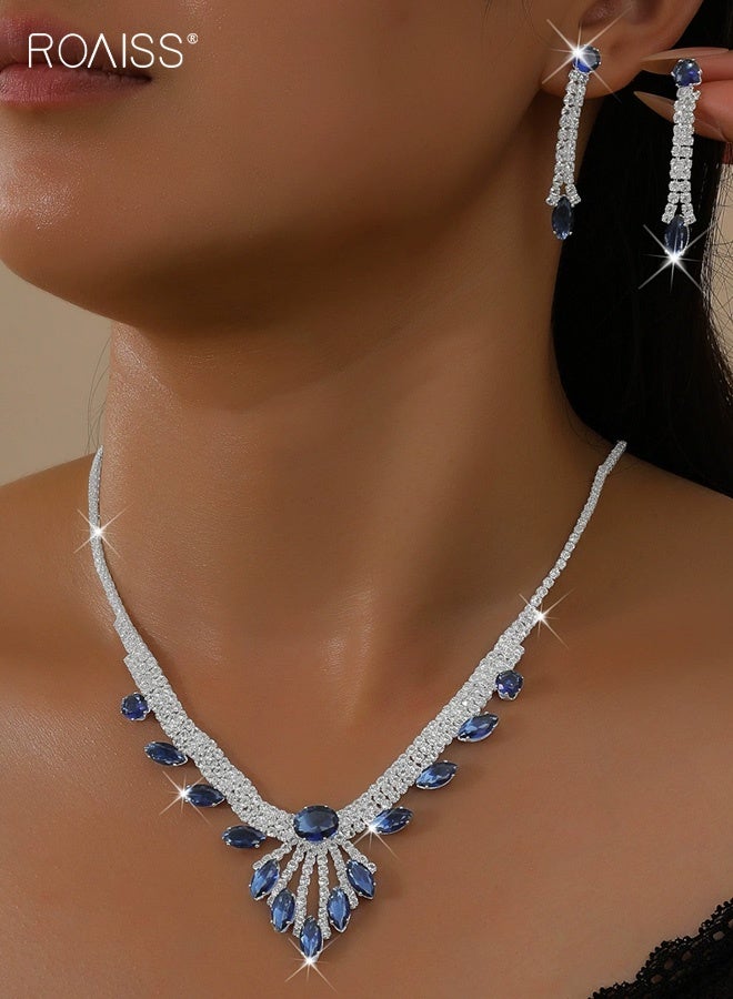 roaiss 2Pcs Prom Jewelry Set for Women, Rhinestone Necklace Earrings Set, Sparkling Silver Crystal Necklace Earrings Sets, Bridal Wedding Prom Costume Jewelry Sets for Ladies - Image 1