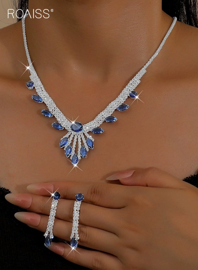 roaiss 2Pcs Prom Jewelry Set for Women, Rhinestone Necklace Earrings Set, Sparkling Silver Crystal Necklace Earrings Sets, Bridal Wedding Prom Costume Jewelry Sets for Ladies - Image 2