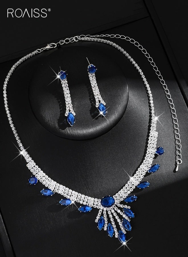 roaiss 2Pcs Prom Jewelry Set for Women, Rhinestone Necklace Earrings Set, Sparkling Silver Crystal Necklace Earrings Sets, Bridal Wedding Prom Costume Jewelry Sets for Ladies - Image 3