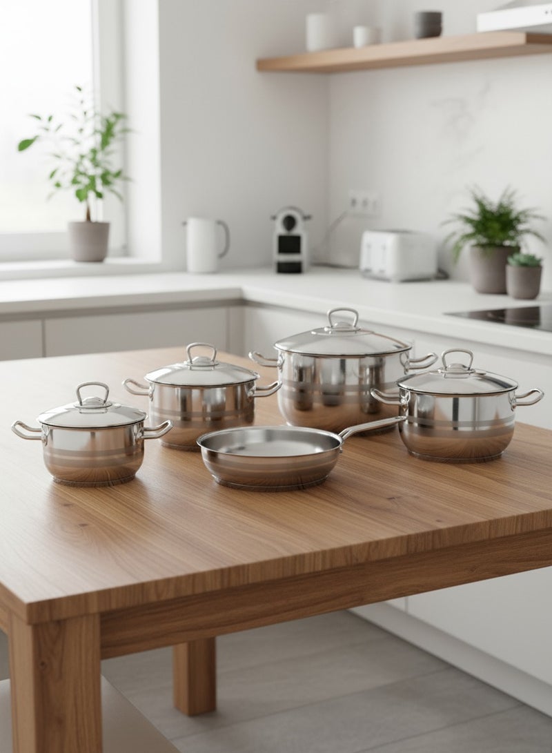 Top Chef 9-Piece Turkish Made Stainless Steel Cookware Set, Oven Safe, Dishwasher Safe, 18/10, 26cm, 24cm, 20cm, 16cm Pots Includes Lids, Fry Pan 24cm Silver - Image 2