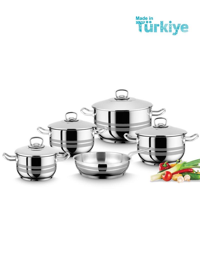 Top Chef 9-Piece Turkish Made Stainless Steel Cookware Set, Oven Safe, Dishwasher Safe, 18/10, 26cm, 24cm, 20cm, 16cm Pots Includes Lids, Fry Pan 24cm Silver - Image 1