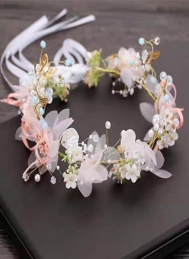 AHONEY Pink Flower Headband for Women Fairy Crown for Girls Butterfly Headband Elf Crown Wedding Fairy Accessories Headpiece - Image 1