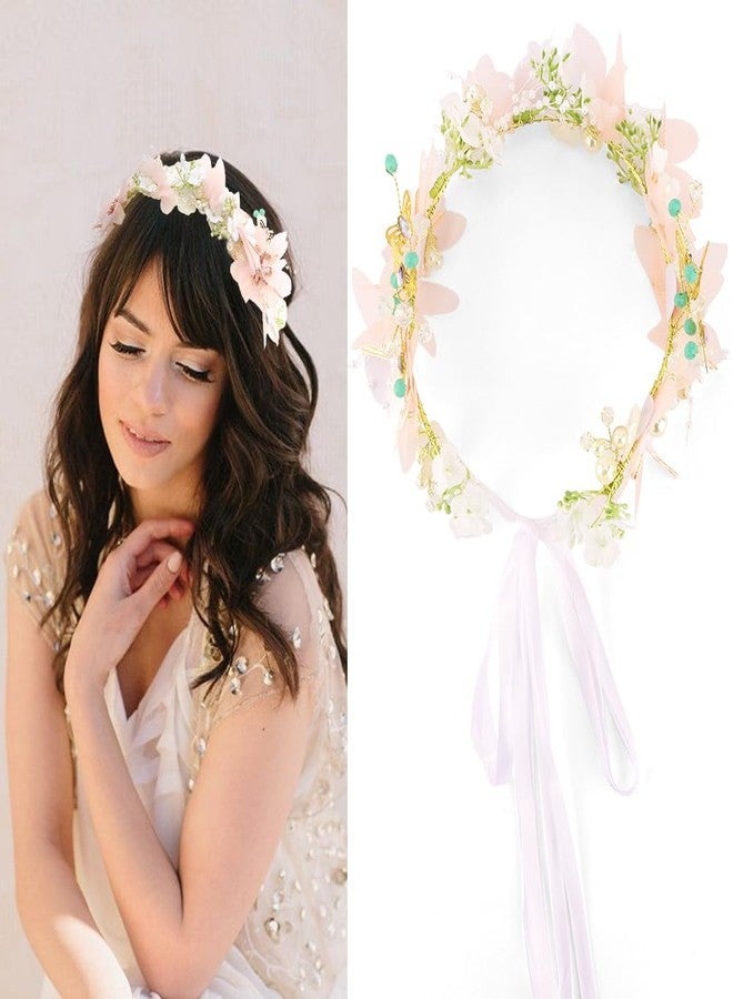 AHONEY Pink Flower Headband for Women Fairy Crown for Girls Butterfly Headband Elf Crown Wedding Fairy Accessories Headpiece - Image 2