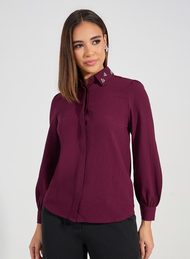 Styli Embellished Collar Woven Crepe Button Down Shirt  - Image 4