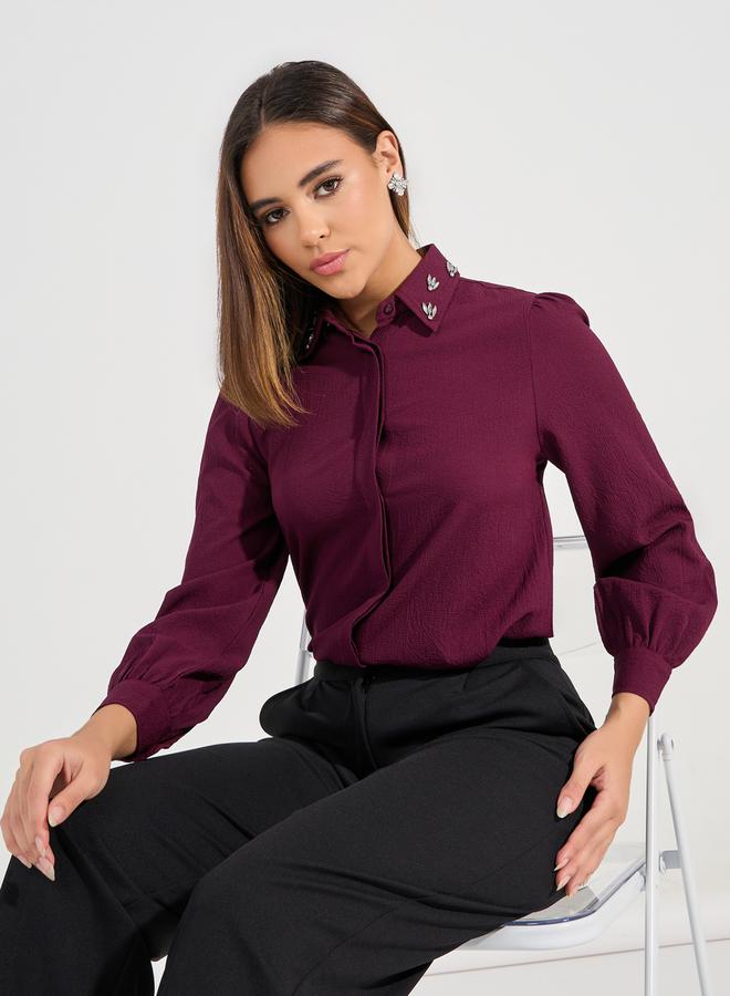 Styli Embellished Collar Woven Crepe Button Down Shirt  - Image 1