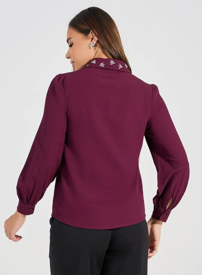 Styli Embellished Collar Woven Crepe Button Down Shirt