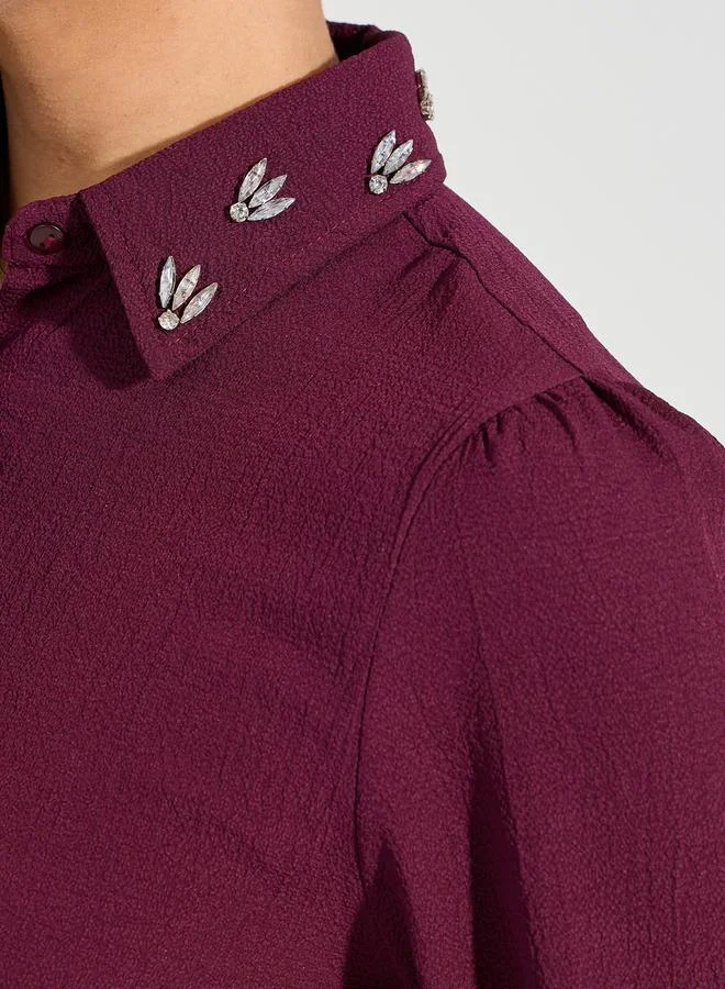 Styli Embellished Collar Woven Crepe Button Down Shirt