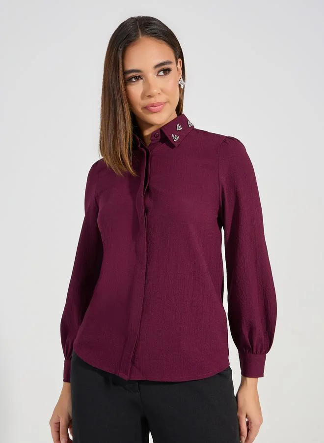 Styli Embellished Collar Woven Crepe Button Down Shirt