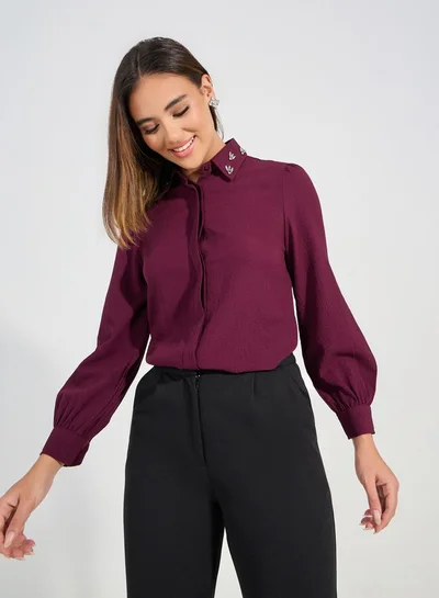 Styli Embellished Collar Woven Crepe Button Down Shirt