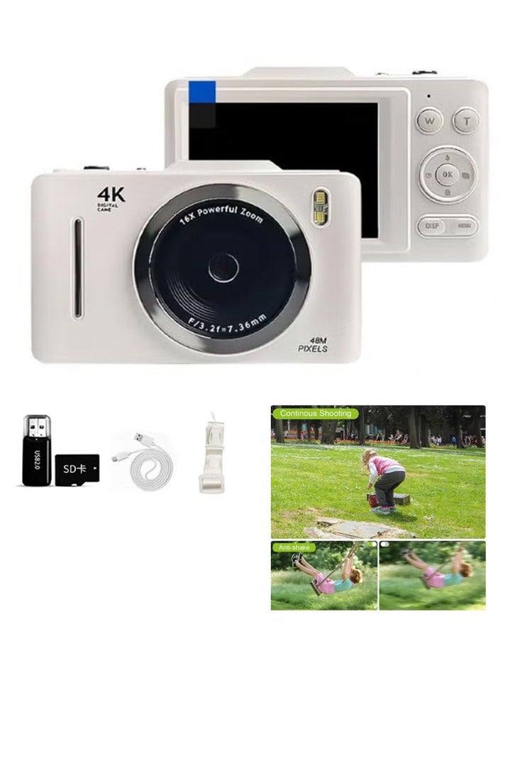 Generic Digital Camera for Kids  HD 4K 48MP Point and Shoot Digital Camera with 16X Zoom and 32GB Card  Anti-Shake Compact Mini Camera for Teens Boys Girls Beginner Kids Gift White - Image 1