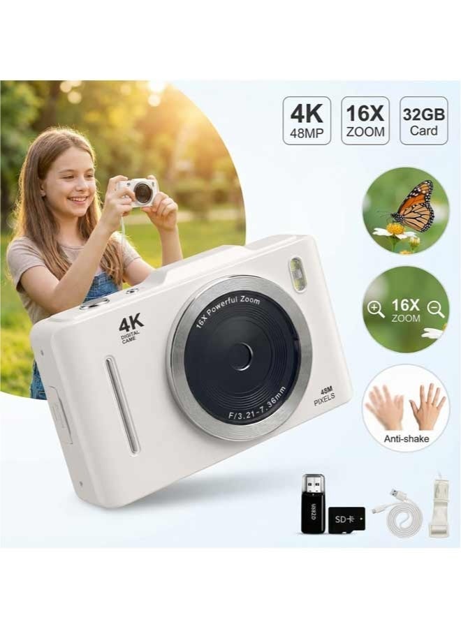 Digital Camera For Kids, 4K 48MP HD, 16X Zoom Anti-Shake, 32GB Card Included, Compact Mini Point And Shoot, Beginner Teens Boys Girls Gift White - Image 1