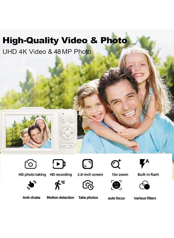 Digital Camera For Kids, 4K 48MP HD, 16X Zoom Anti-Shake, 32GB Card Included, Compact Mini Point And Shoot, Beginner Teens Boys Girls Gift White - Image 4