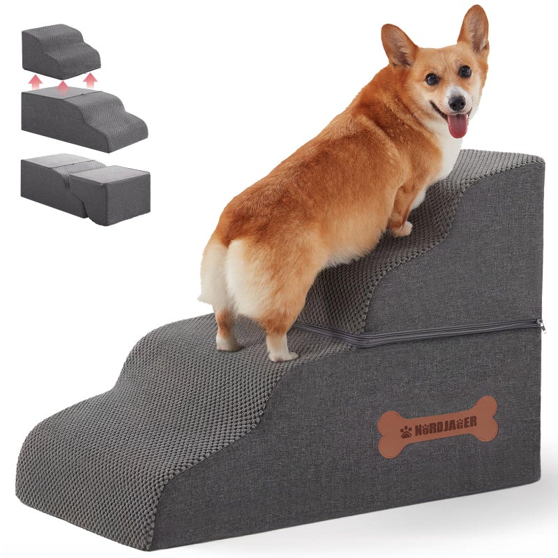 Nordjager Dog Stairs 4 Steps for Small Dogs and Cats to Get on High Beds, Couch or Car, Pets Can Climb, Sit, Lie Down or Perch to Look Out Windows on The Spliceable Ramp, Provides Support, Greyï¼ˆ19" Hï¼‰ - Image 1