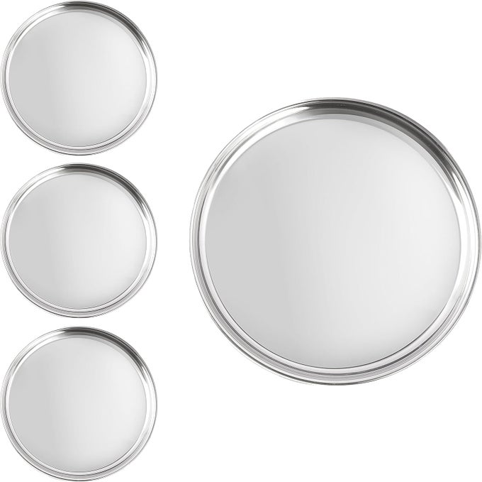 STAINLESS STEEL DINNER PLATES 12 INCH SET OF 4 LARGE INDIAN THALI DINNERWARE SERVING MIRROR FINISHED ROUND TRAYS METAL DISHES HEAVY PLATES 1 LB EACH STICKER FREE