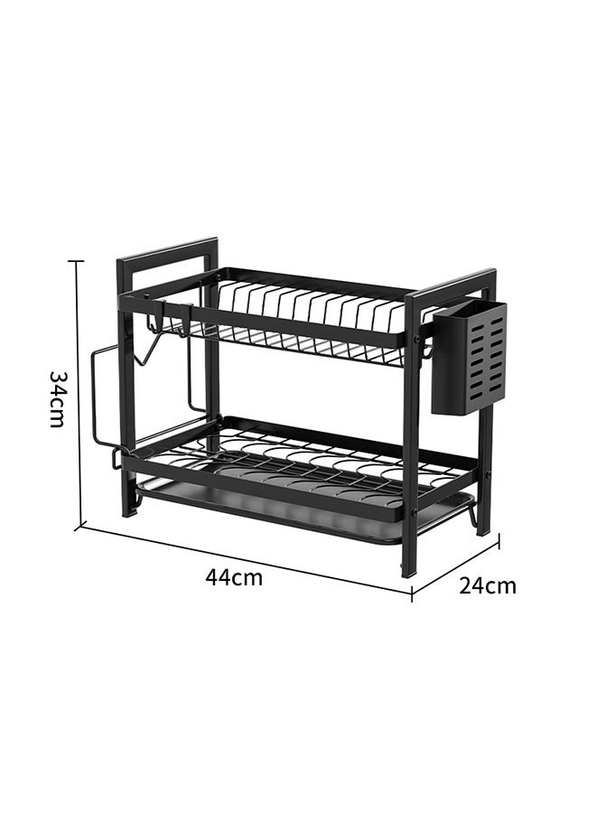 Dish Drying Rack 2-Tier Dish Rack Dish Drying Rack with Cutlery Rack, Draining Plate Tray and Cutting Board Rack, Large Capacity Dish Draining Rack Foldable Rust-Proof Kitchen Dish Rack (Black)