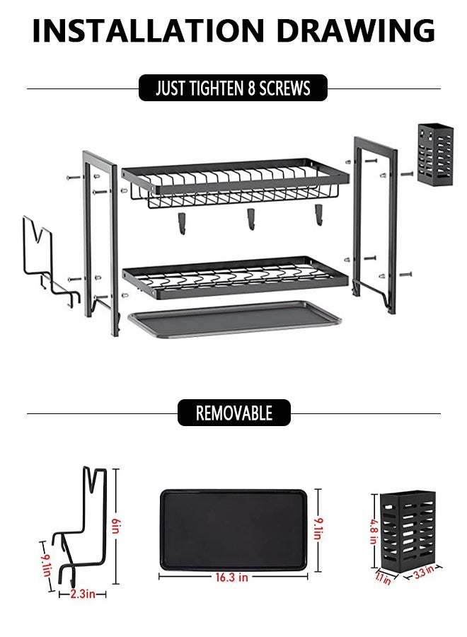 Dish Drying Rack 2-Tier Dish Rack Dish Drying Rack with Cutlery Rack, Draining Plate Tray and Cutting Board Rack, Large Capacity Dish Draining Rack Foldable Rust-Proof Kitchen Dish Rack (Black)