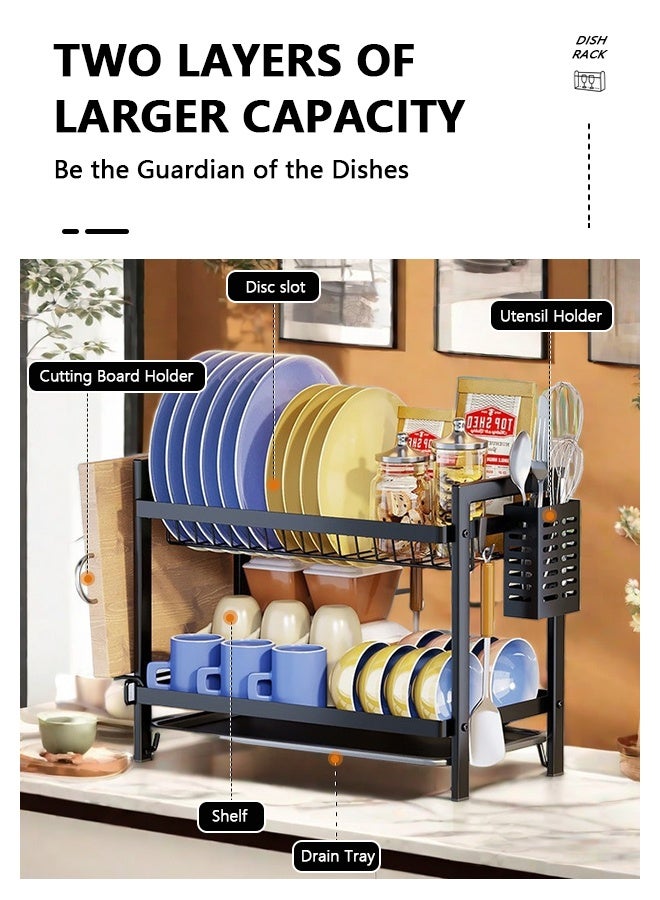 Dish Drying Rack 2-Tier Dish Rack Dish Drying Rack with Cutlery Rack, Draining Plate Tray and Cutting Board Rack, Large Capacity Dish Draining Rack Foldable Rust-Proof Kitchen Dish Rack (Black)