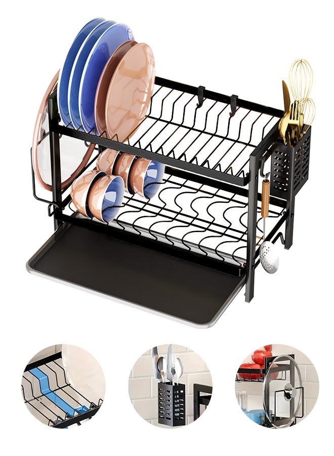Dish Drying Rack 2-Tier Dish Rack Dish Drying Rack with Cutlery Rack, Draining Plate Tray and Cutting Board Rack, Large Capacity Dish Draining Rack Foldable Rust-Proof Kitchen Dish Rack (Black)