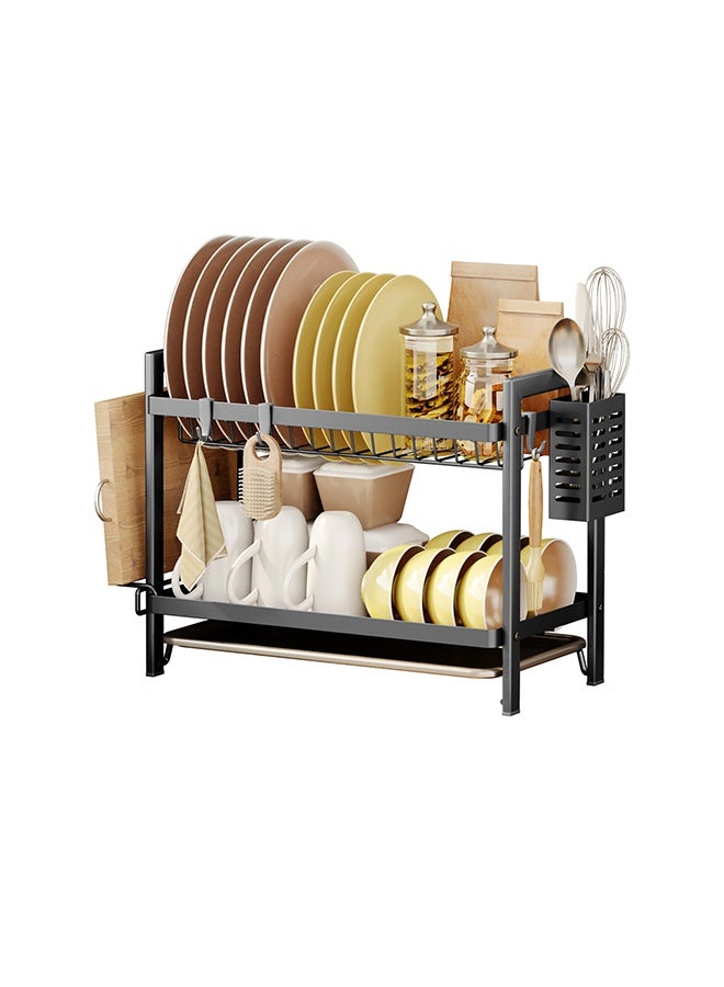 Dish Drying Rack 2-Tier Dish Rack Dish Drying Rack with Cutlery Rack, Draining Plate Tray and Cutting Board Rack, Large Capacity Dish Draining Rack Foldable Rust-Proof Kitchen Dish Rack (Black)