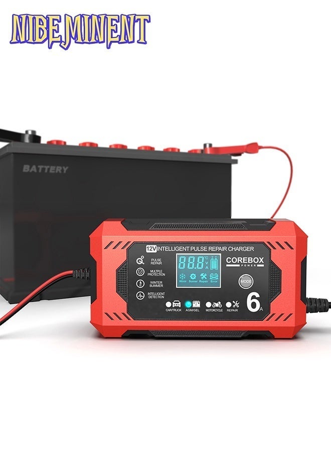 NIBEMINENT 12V 6A Smart Battery Charger with LCD Display, 12V 6A Fast/Trickle Charger, Overcharge/Overheat/Short Circuit/Reverse Polarity, Automatic Switch Mode, Microprocessor Controlled, Compatible with AGM/GEL/SLA/Wet/EFB, 4-100Ah Capacity, UK Plug (110-240V) for , Truck, Motorcycle, Lawn Mower, Marine, RV, Boat, Solar Systems - Heavy-Duty Battery Charger, Car Charger, Smart Charger - Image 2