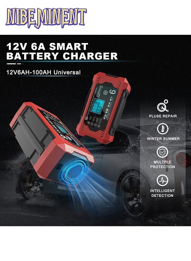 NIBEMINENT 12V 6A Smart Battery Charger with LCD Display, 12V 6A Fast/Trickle Charger, Overcharge/Overheat/Short Circuit/Reverse Polarity, Automatic Switch Mode, Microprocessor Controlled, Compatible with AGM/GEL/SLA/Wet/EFB, 4-100Ah Capacity, UK Plug (110-240V) for , Truck, Motorcycle, Lawn Mower, Marine, RV, Boat, Solar Systems - Heavy-Duty Battery Charger, Car Charger, Smart Charger - Image 5