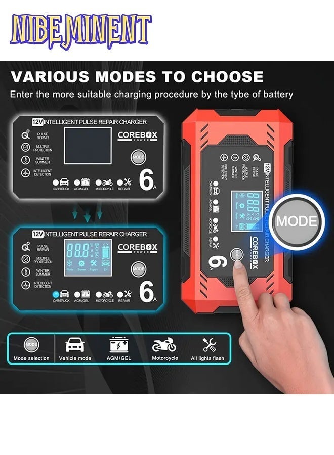 NIBEMINENT 12V 6A Smart Battery Charger with LCD Display, 12V 6A Fast/Trickle Charger, Overcharge/Overheat/Short Circuit/Reverse Polarity, Automatic Switch Mode, Microprocessor Controlled, Compatible with AGM/GEL/SLA/Wet/EFB, 4-100Ah Capacity, UK Plug (110-240V) for , Truck, Motorcycle, Lawn Mower, Marine, RV, Boat, Solar Systems - Heavy-Duty Battery Charger, Car Charger, Smart Charger - Image 4