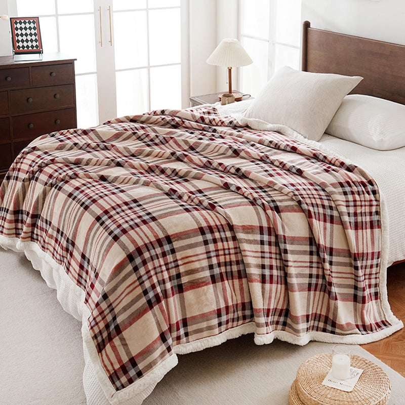 Pu Mei Sherpa Fleece Throw Blanket 80"" X 90"" Reversible Plush Fluffy Large Big Blanket Lattice Flannel Blankets For All Season Use  Beige Stripe - Image 2