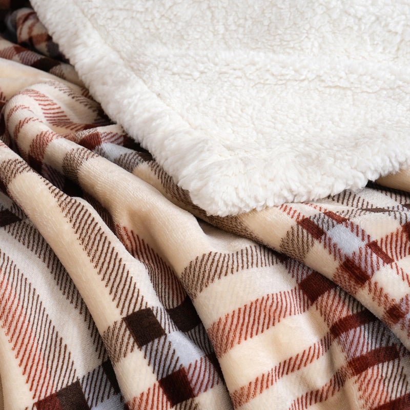 Pu Mei Sherpa Fleece Throw Blanket 80"" X 90"" Reversible Plush Fluffy Large Big Blanket Lattice Flannel Blankets For All Season Use  Beige Stripe - Image 5