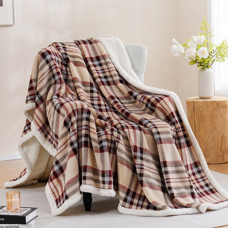Pu Mei Sherpa Fleece Throw Blanket 80"" X 90"" Reversible Plush Fluffy Large Big Blanket Lattice Flannel Blankets For All Season Use  Beige Stripe - Image 1