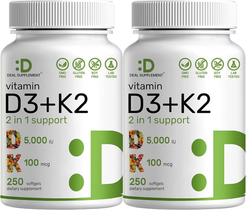 DEAL SUPPLEMENT 2 Pack Vitamin D3 5000 IU  K2 MK7 Softgels 500 Count  2in1 Complex  Supports Heart Bone Teeth  Immune Health  Easy to Swallow - Image 1