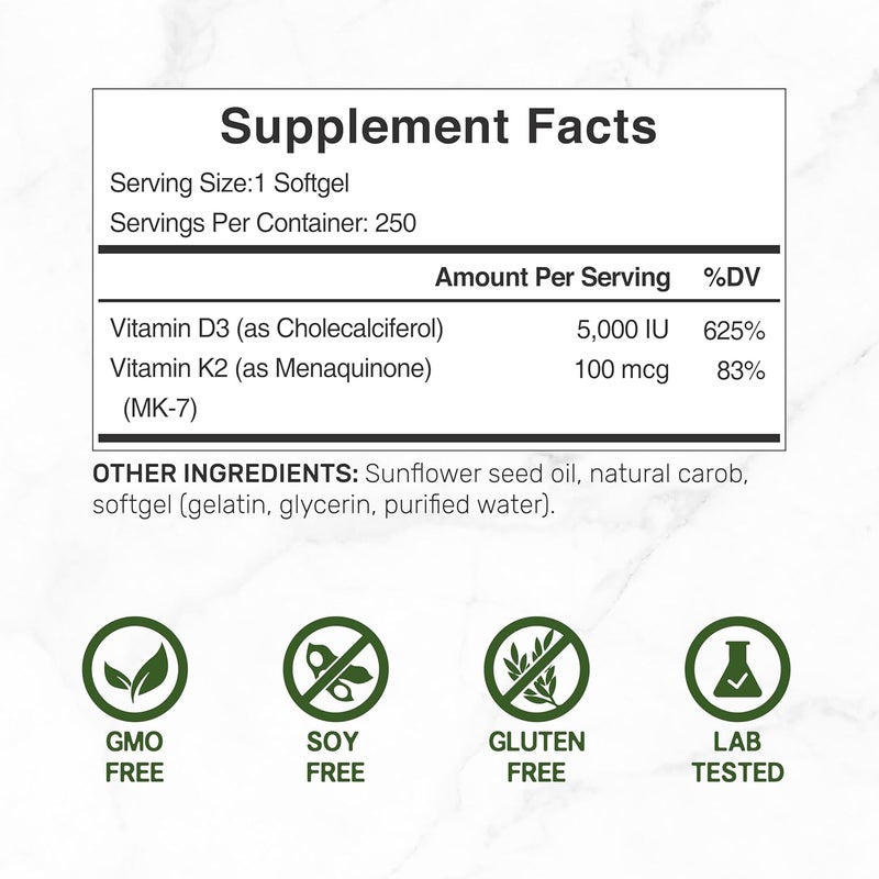 DEAL SUPPLEMENT 2 Pack Vitamin D3 5000 IU  K2 MK7 Softgels 500 Count  2in1 Complex  Supports Heart Bone Teeth  Immune Health  Easy to Swallow - Image 2
