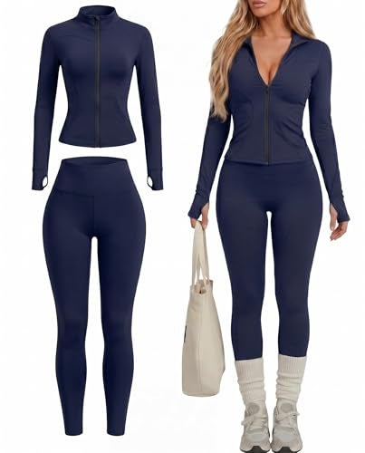 Simlakey Women Workout Sets 2 Piece Seamless Yoga Outfits Long Sleeve Zip up Jacket High Waist Leggings Athletic Gym SetRoyal BlueLarge - Image 1