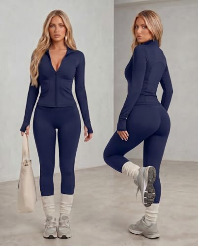Simlakey Women Workout Sets 2 Piece Seamless Yoga Outfits Long Sleeve Zip up Jacket High Waist Leggings Athletic Gym SetRoyal BlueLarge - Image 3