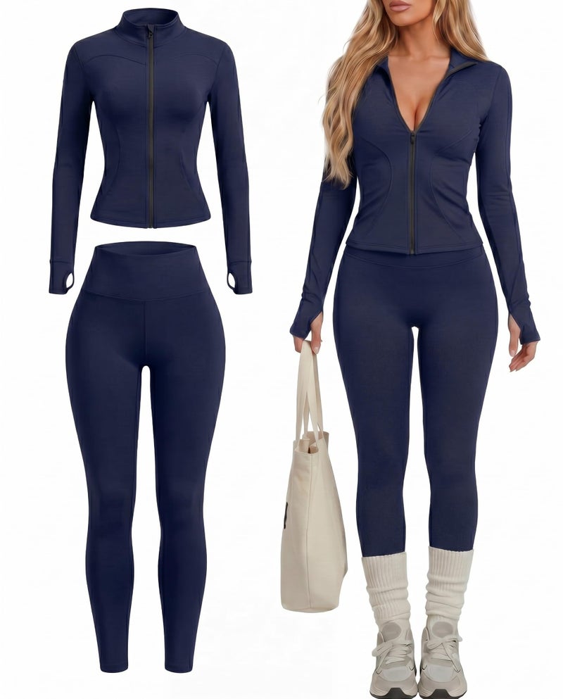 Simlakey Women Workout Sets 2 Piece Seamless Yoga Outfits Long Sleeve Zip up Jacket High Waist Leggings Athletic Gym SetRoyal BlueLarge - Image 2