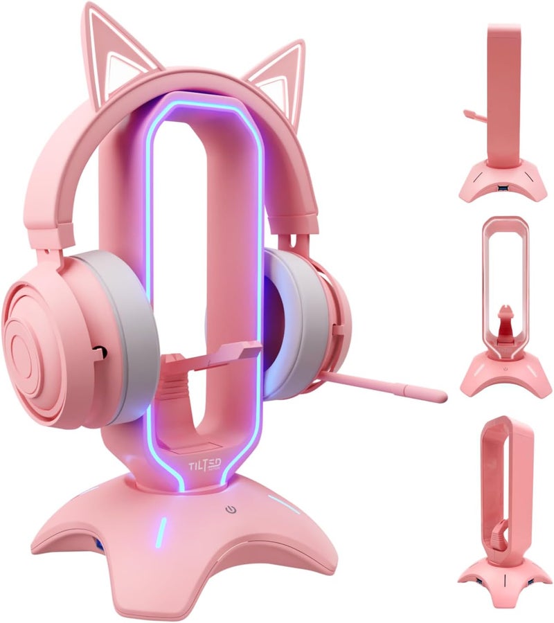 حامل سماعات الألعاب من | حامل سماعات وردي مع RGB وBungee الفأرة ومحور USB | حامل سماعات لطيف لإكسسوارات فتاة الألعاب - Image 1