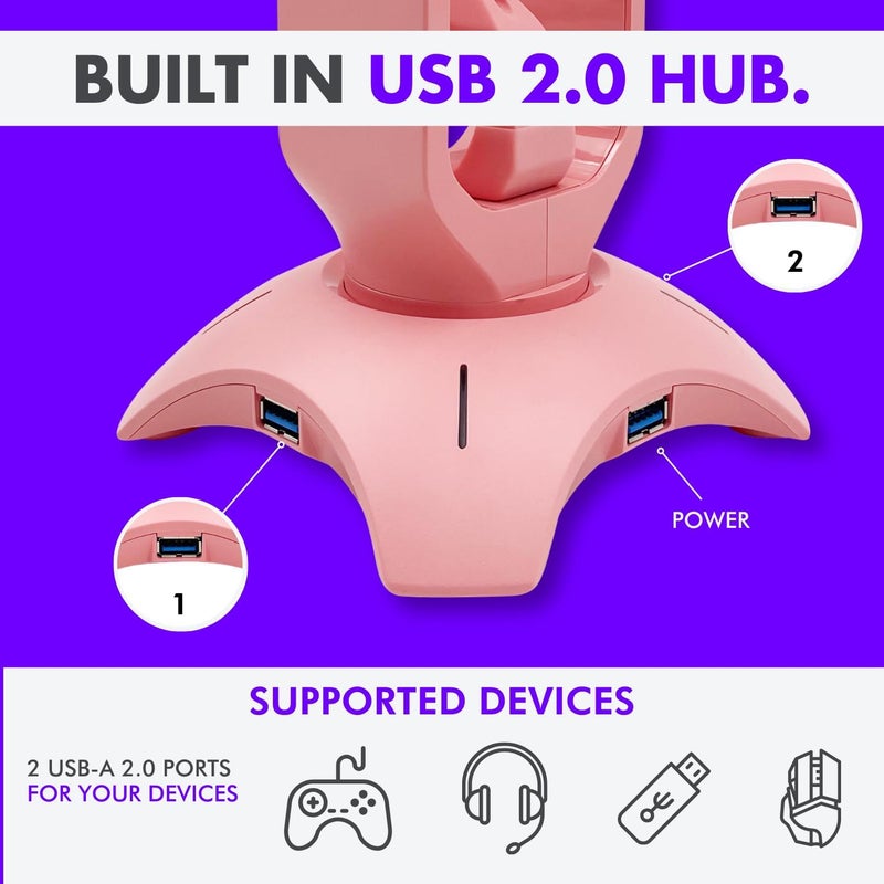 حامل سماعات الألعاب من | حامل سماعات وردي مع RGB وBungee الفأرة ومحور USB | حامل سماعات لطيف لإكسسوارات فتاة الألعاب - Image 3