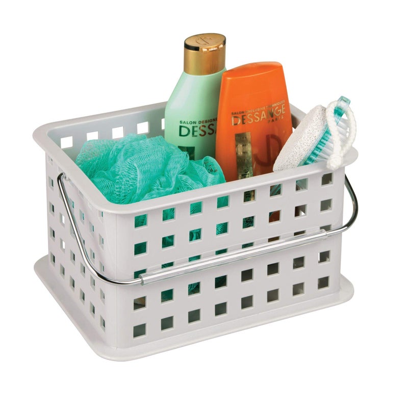 InterDesign iDesign Spa BPA-Free Plastic Small Stackable Basket with Handle - 9.25"" x 7"" x 5""  Light Gray - Image 1