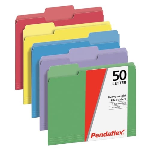 Pendaflex Heavyweight File Folders, Assorted Colors, Letter Size, 1/3-Cut Tabs, Extra Durable, 50/Box, Great for Office Filing & Organization (1006536) - Image 1