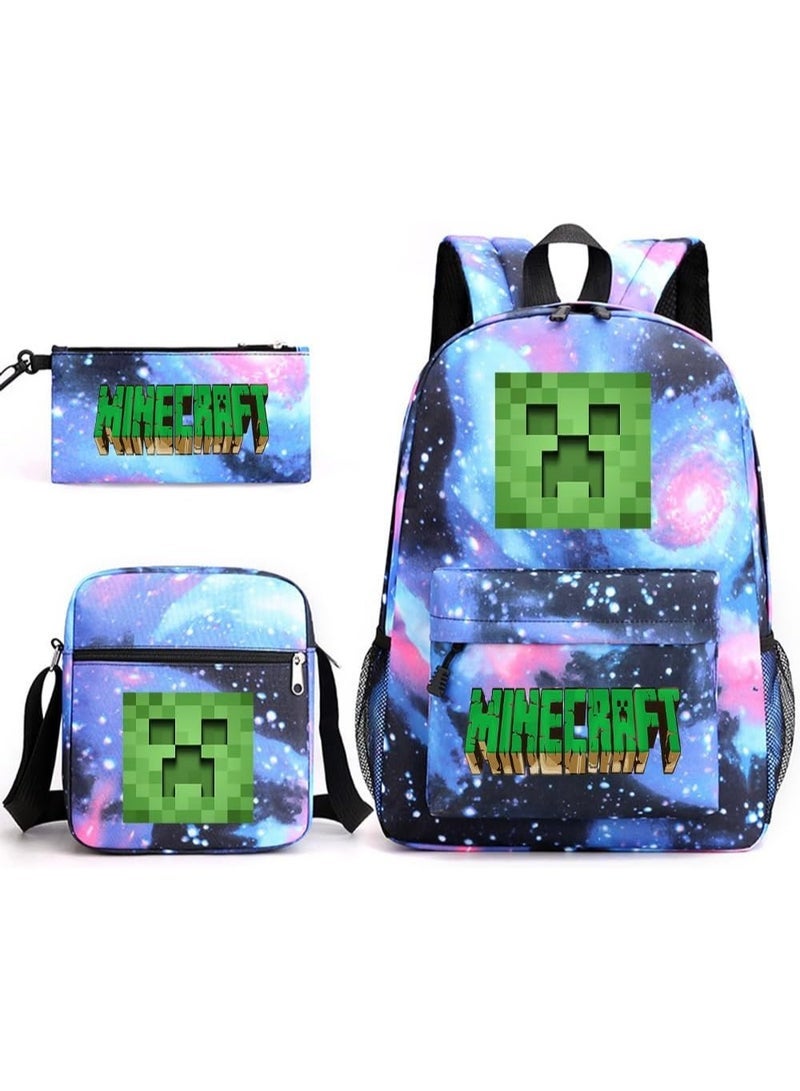 ماين كرافت 3PCS Backpack Set,Minecraft School Backpack,Large Capacity Casual Backpack with Lunch Bag and Pencil case for Boys Girls Students