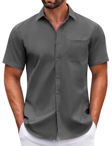 COOFANDY Mens Short Sleeve Beach Shirts Summer Beach Shirt Button Down Casual Shirt Dark Grey - Image 1