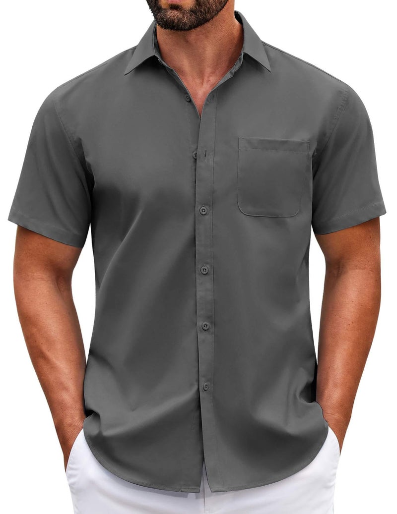 COOFANDY Mens Short Sleeve Beach Shirts Summer Beach Shirt Button Down Casual Shirt Dark Grey - Image 2