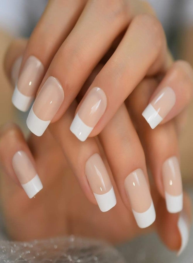 EchiQ Fake Nails Medium Size Square Squoval Shape Predesigned Press on Nail (Nude French Nails) - Image 3