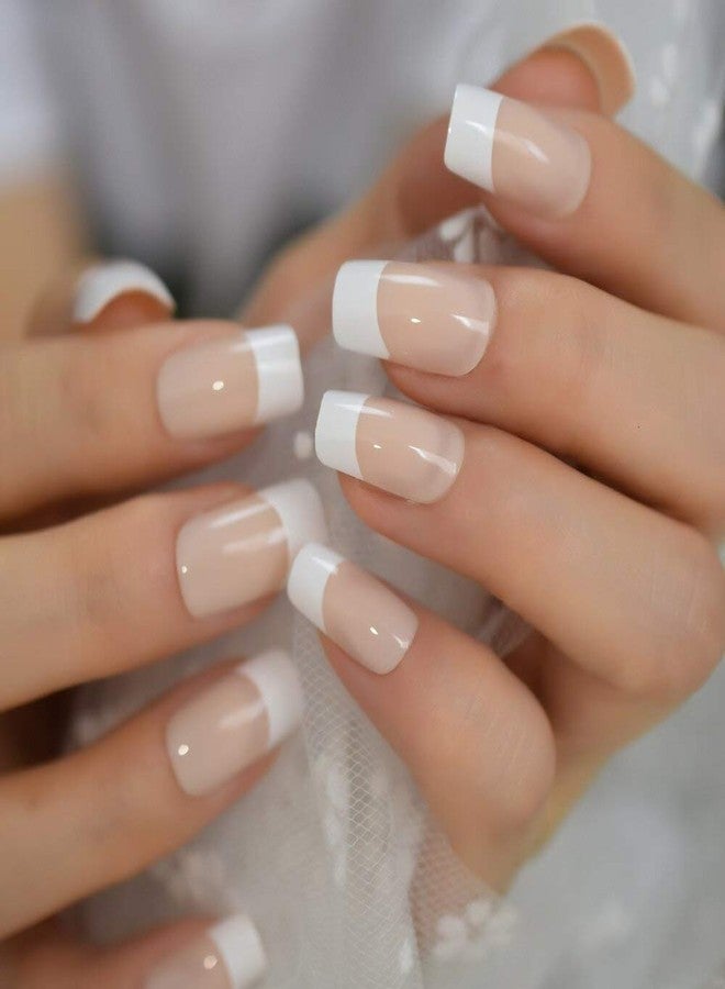 EchiQ Fake Nails Medium Size Square Squoval Shape Predesigned Press on Nail (Nude French Nails) - Image 1