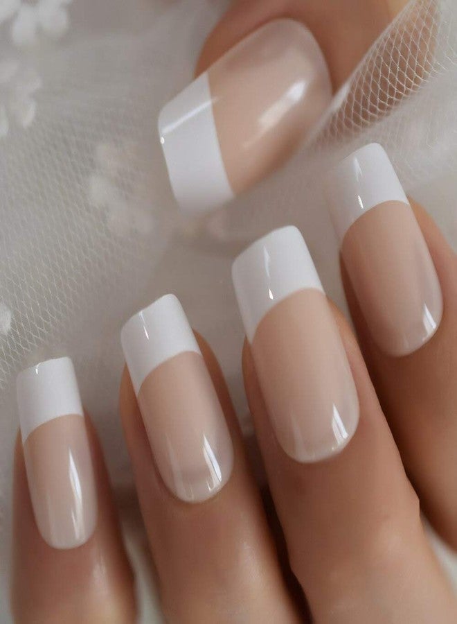 EchiQ Fake Nails Medium Size Square Squoval Shape Predesigned Press on Nail (Nude French Nails) - Image 4