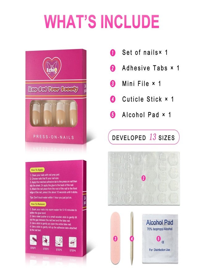 EchiQ Fake Nails Medium Size Square Squoval Shape Predesigned Press on Nail (Nude French Nails) - Image 2