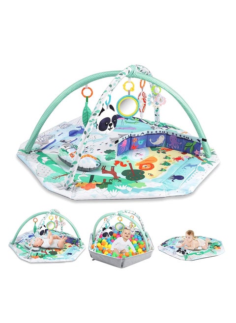 4-in-1 Baby Play Gym Mat, Tummy Time Mat and Baby Activity Gym and Ball Pit for Sensory Exploration and Motor Skill Development, Includes 5 Toys, Self-Discovery Mirror and Tummy Time Pillow